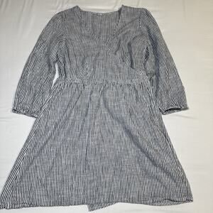 Old Navy Wrap Dress Blue White Cotton Striped 3/4 Sleeve V Neck Womens Lg EUC